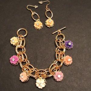 Double Link Flower Crystal Charm Bracelet /Earring